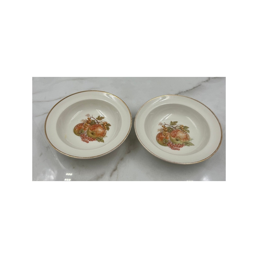 Crown Devon Staffordshire England Fruit Motif Bowls Set of 2 Gold Rim Vintage